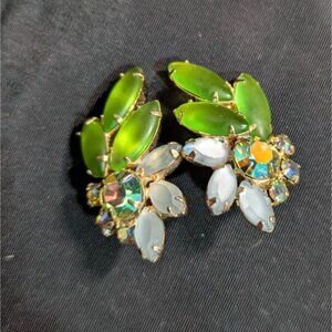 Vintage Gold-Tone Clip-On Earrings With Green & Iridescent Rhinestones Floral De